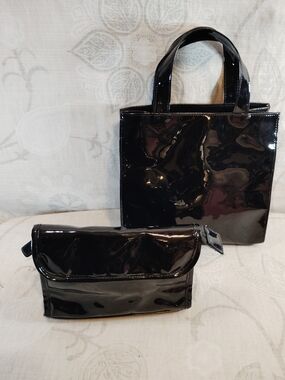 Glossy Black Patent Tote and Clutch/Cosmetic Bag Set